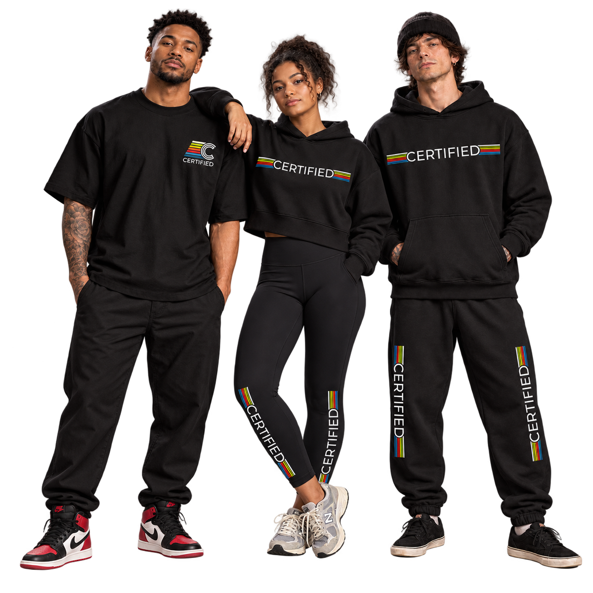 Three adult models wearing CERTIFIED black graphic tee, cropped hoodie and leggings, and matching hoodie and track pants.